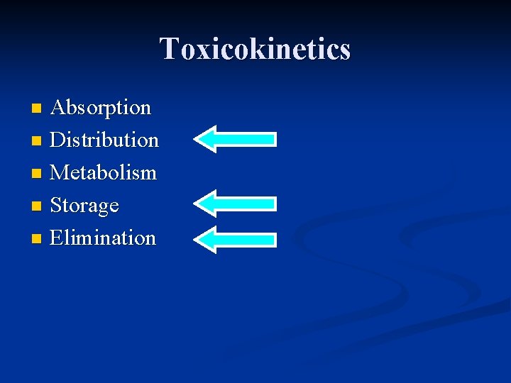 Toxicokinetics Absorption n Distribution n Metabolism n Storage n Elimination n 