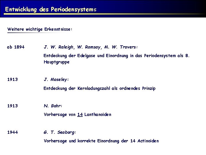 Entwicklung des Periodensystems Weitere wichtige Erkenntnisse: ab 1894 J. W. Raleigh, W. Ramsay, M.