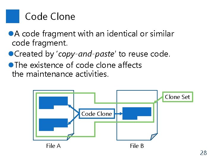 Code Clone l. A code fragment with an identical or similar code fragment. l.