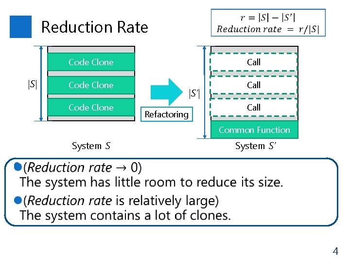  Reduction Rate |S| Code Clone Call Code Clone |S’| Refactoring Call Common Function