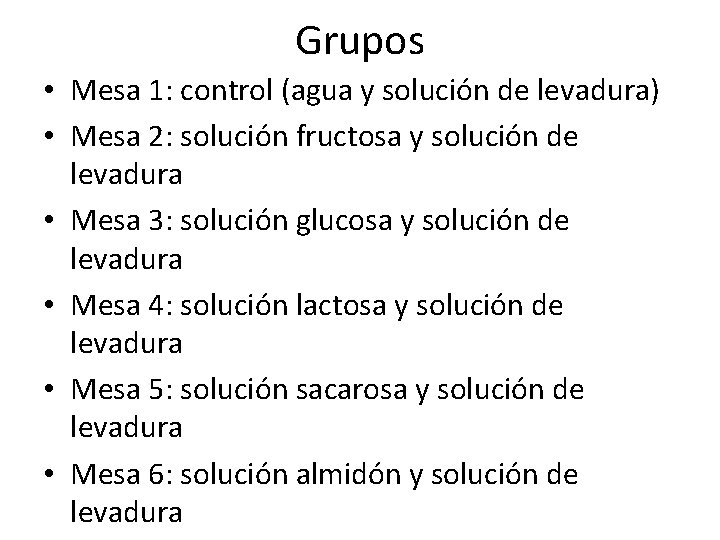 Grupos • Mesa 1: control (agua y solución de levadura) • Mesa 2: solución