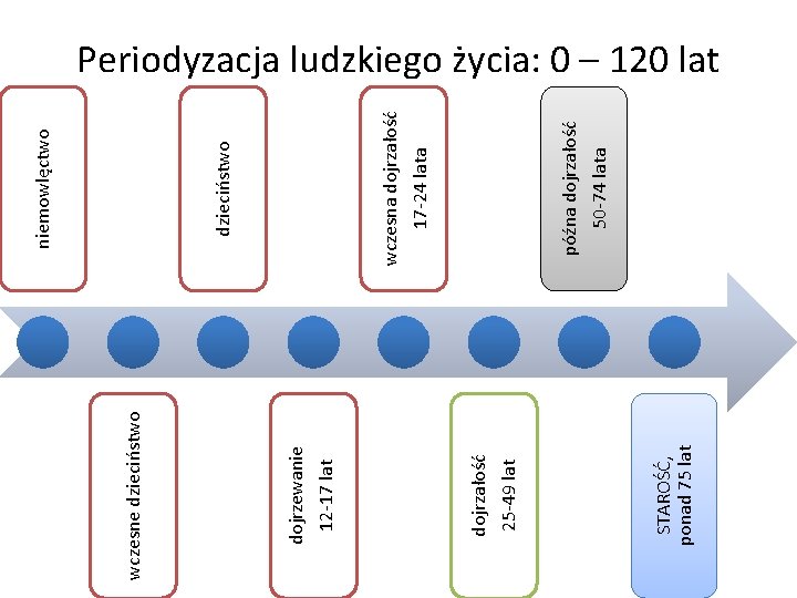 STAROŚĆ, ponad 75 lat dojrzałość 25 -49 lat 12 -17 lat dojrzewanie wczesne dzieciństwo