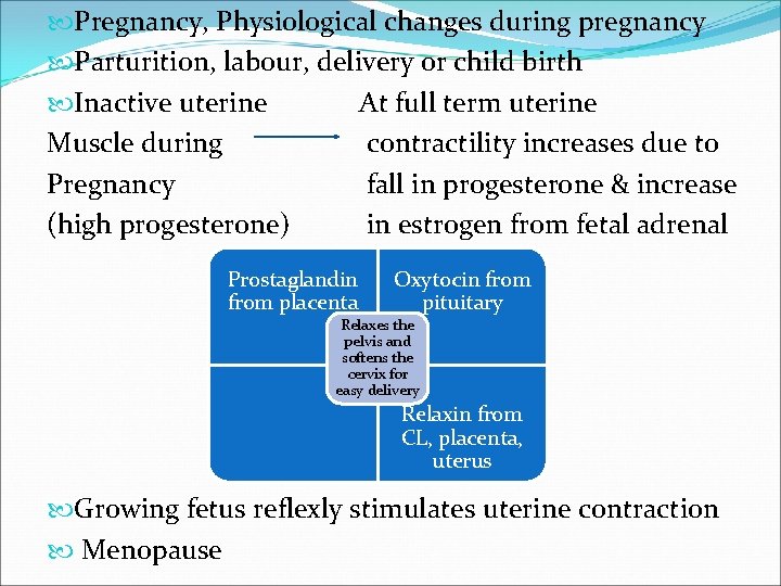  Pregnancy, Physiological changes during pregnancy Parturition, labour, delivery or child birth Inactive uterine