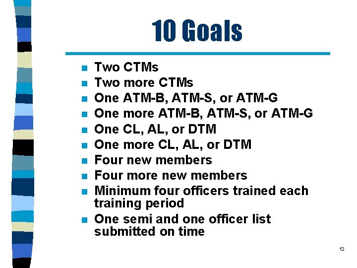 10 Goals n n n n n Two CTMs Two more CTMs One ATM-B,