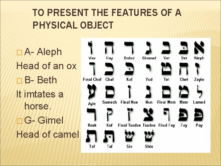 TO PRESENT THE FEATURES OF A PHYSICAL OBJECT � A- Aleph Head of an