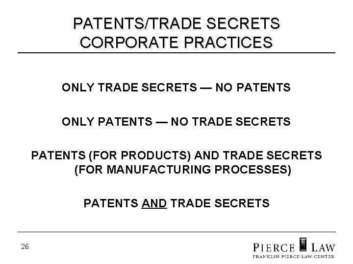 PATENTS/TRADE SECRETS CORPORATE PRACTICES ONLY TRADE SECRETS — NO PATENTS ONLY PATENTS — NO