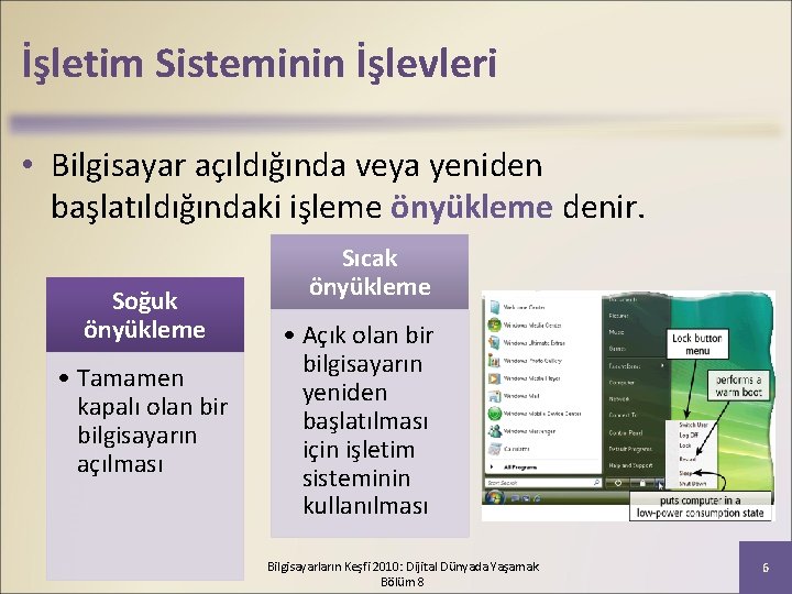 İşletim Sisteminin İşlevleri • Bilgisayar açıldığında veya yeniden başlatıldığındaki işleme önyükleme denir. Soğuk önyükleme