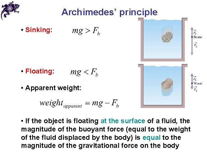 Archimedes’ principle • Sinking: • Floating: • Apparent weight: • If the object is