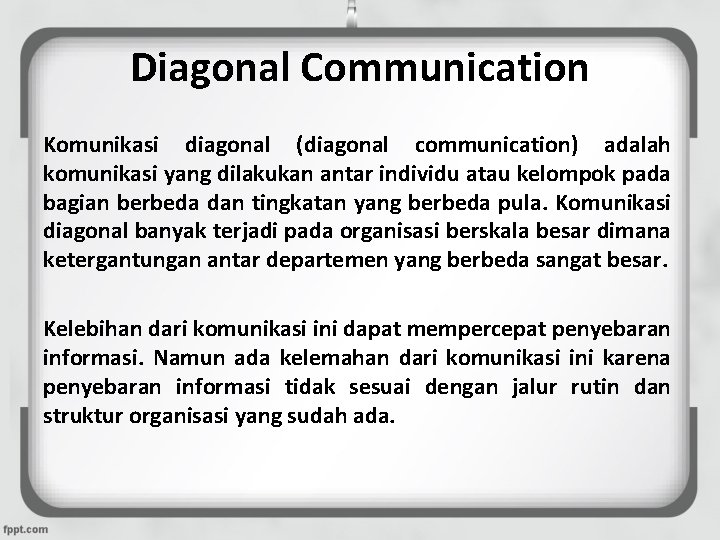 Diagonal Communication Komunikasi diagonal (diagonal communication) adalah komunikasi yang dilakukan antar individu atau kelompok