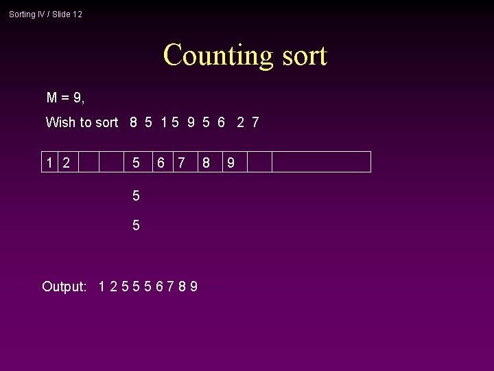 Sorting IV / Slide 12 Counting sort M = 9, Wish to sort 8