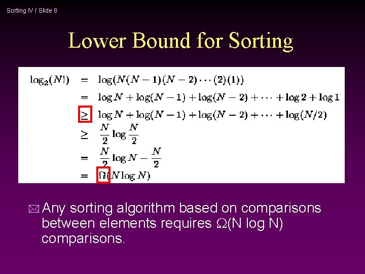Sorting IV / Slide 8 Lower Bound for Sorting * Any sorting algorithm based