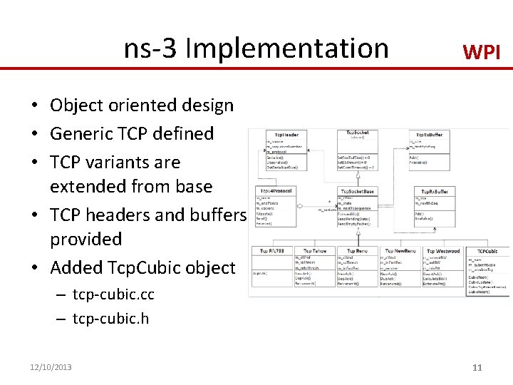 ns-3 Implementation WPI • Object oriented design • Generic TCP defined • TCP variants