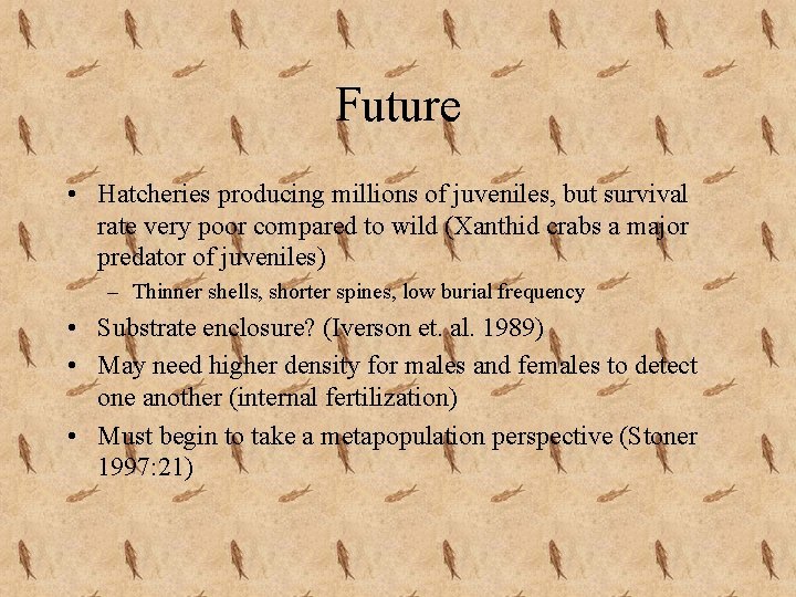 Future • Hatcheries producing millions of juveniles, but survival rate very poor compared to