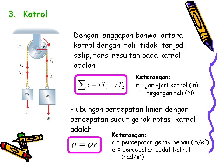 3. Katrol Dengan anggapan bahwa antara katrol dengan tali tidak terjadi selip, torsi resultan