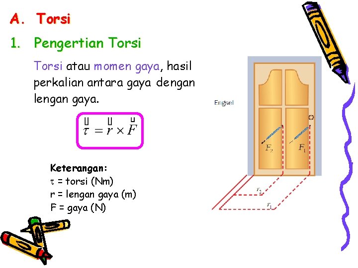 A. Torsi 1. Pengertian Torsi atau momen gaya, hasil perkalian antara gaya dengan lengan
