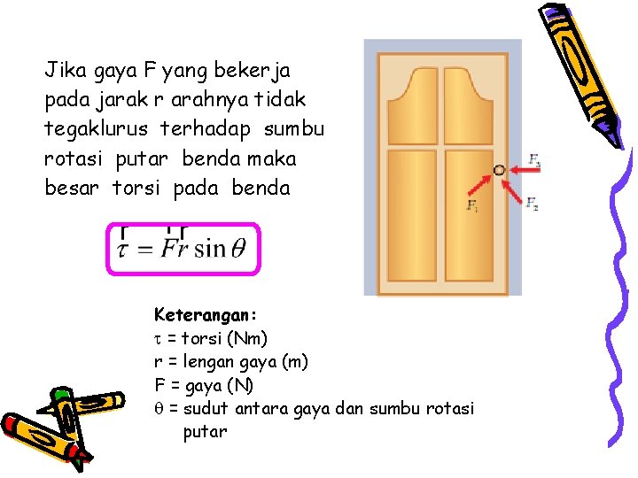 Jika gaya F yang bekerja pada jarak r arahnya tidak tegaklurus terhadap sumbu rotasi