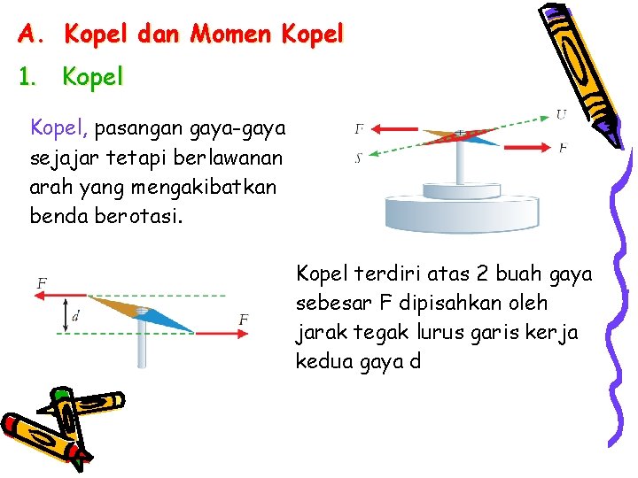 A. Kopel dan Momen Kopel 1. Kopel, pasangan gaya-gaya sejajar tetapi berlawanan arah yang