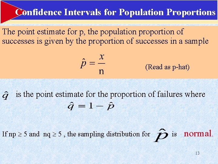 Confidence Intervals for Population Proportions The point estimate for p, the population proportion of