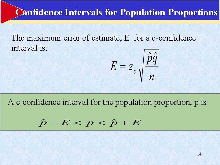 Confidence Intervals for Population Proportions The maximum error of estimate, E for a c-confidence