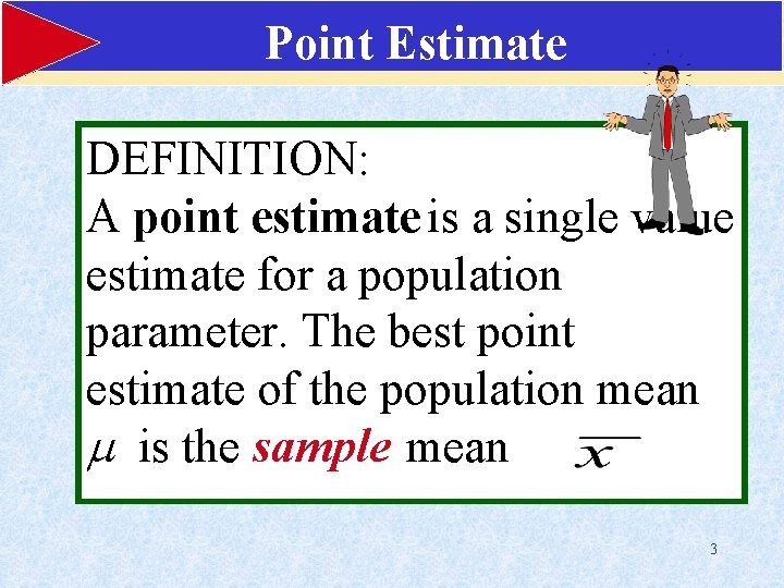 Point Estimate DEFINITION: A point estimate is a single value estimate for a population