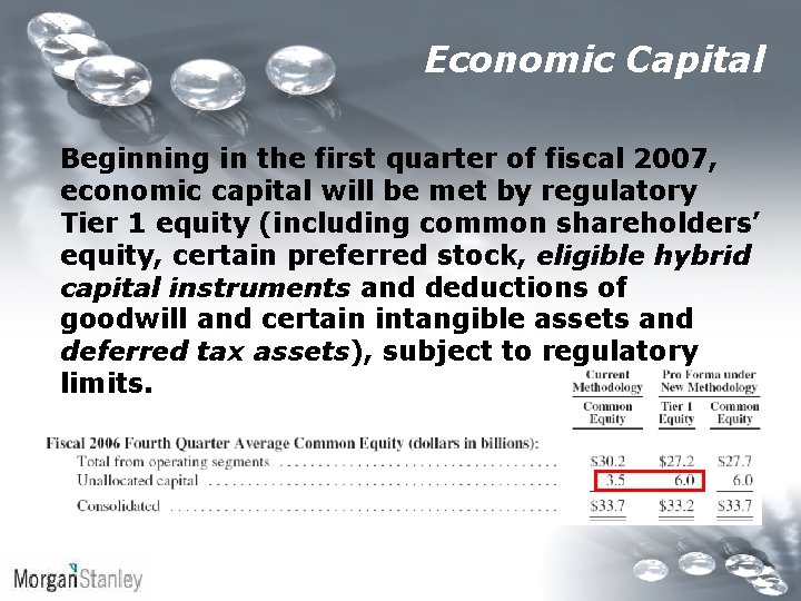 Economic Capital Beginning in the first quarter of fiscal 2007, economic capital will be