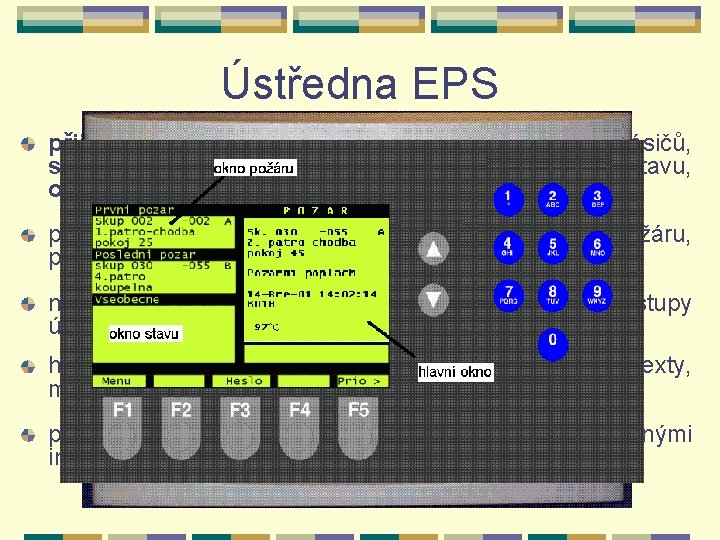 Ústředna EPS přijímá a vyhodnocuje výstupní elektrické signály hlásičů, signalizuje a vysílá informace o