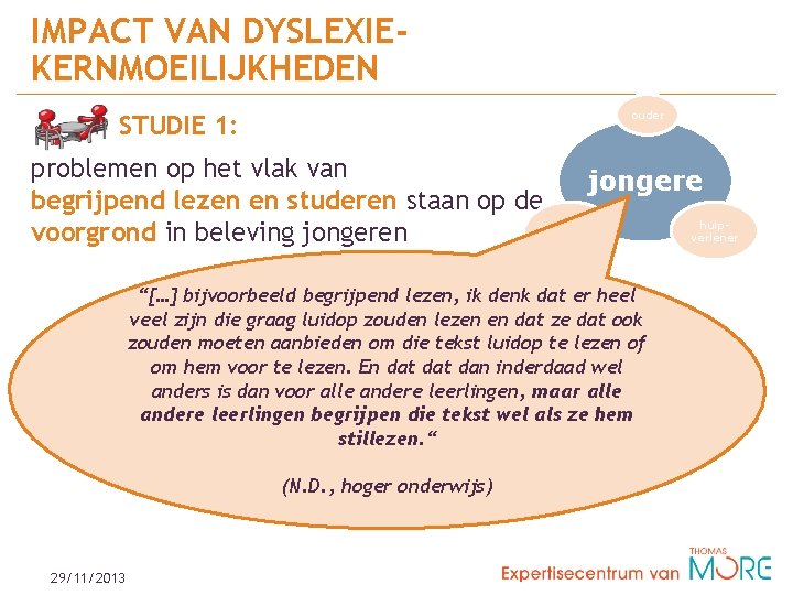 IMPACT VAN DYSLEXIEKERNMOEILIJKHEDEN ouder STUDIE 1: problemen op het vlak van jongere begrijpend lezen