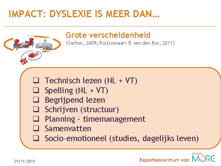 IMPACT: DYSLEXIE IS MEER DAN… Grote verscheidenheid (Gerber, 2009; Ruijssenaars & van den Bos,