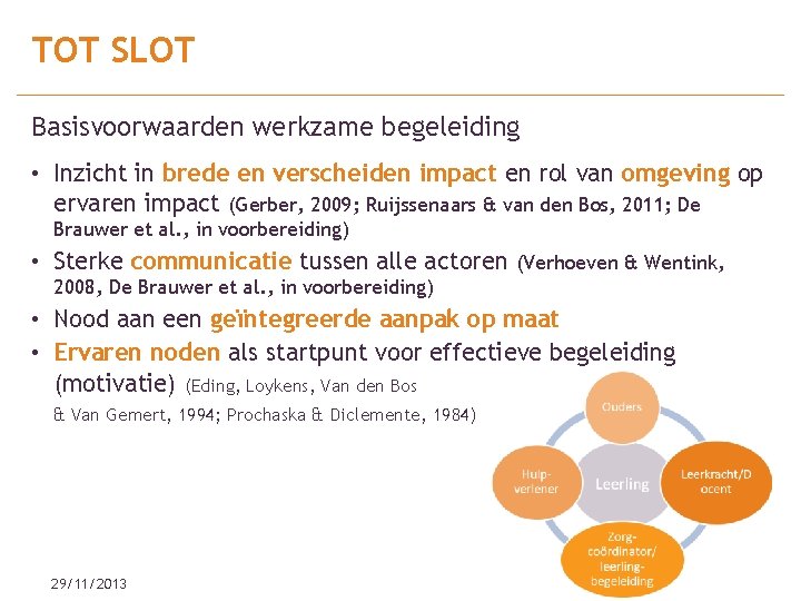 TOT SLOT Basisvoorwaarden werkzame begeleiding • Inzicht in brede en verscheiden impact en rol