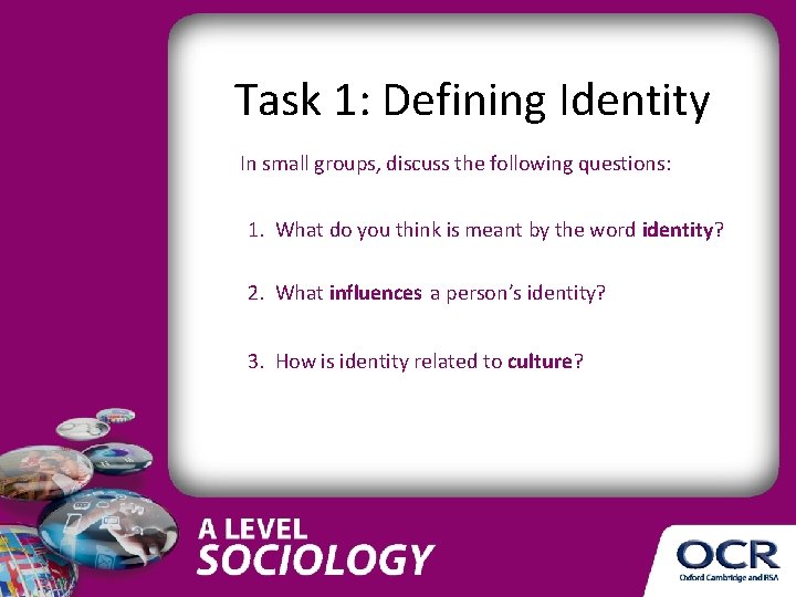 Task 1: Defining Identity In small groups, discuss the following questions: 1. What do Task 1: Defining Identity In small groups, discuss the following questions: 1. What do