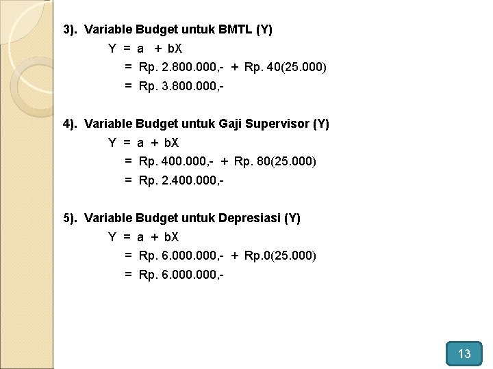 3). Variable Budget untuk BMTL (Y) Y = a + b. X = Rp.