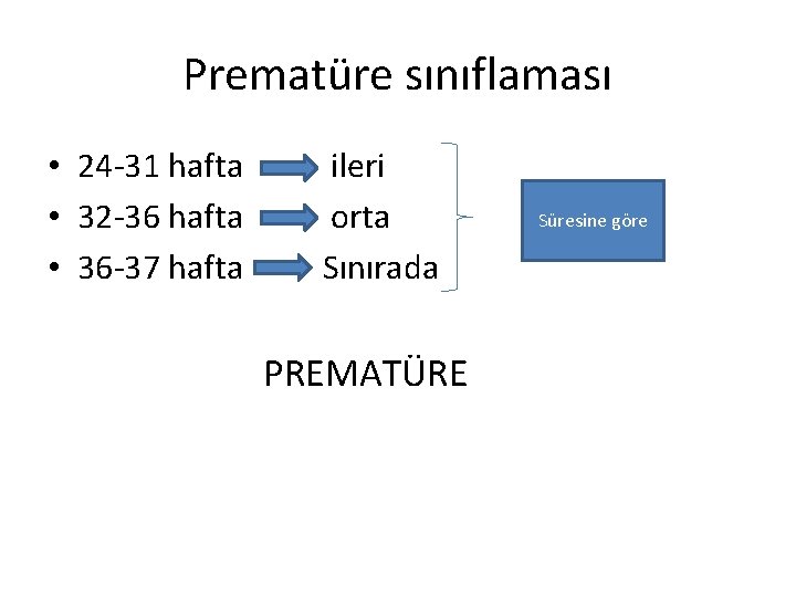 Prematüre sınıflaması • 24 -31 hafta • 32 -36 hafta • 36 -37 hafta