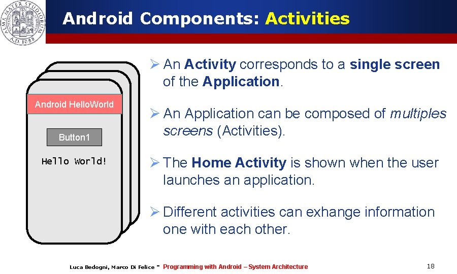 Android Components: Activities Ø An Activity corresponds to a single screen of the Application. Android Components: Activities Ø An Activity corresponds to a single screen of the Application.