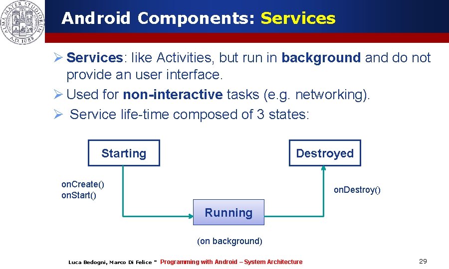 Android Components: Services Ø Services: like Activities, but run in background and do not Android Components: Services Ø Services: like Activities, but run in background and do not