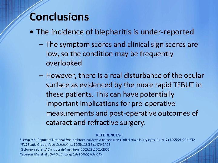 Conclusions • The incidence of blepharitis is under-reported – The symptom scores and clinical