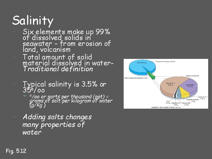 Salinity Six elements make up 99% of dissolved solids in seawater – from erosion