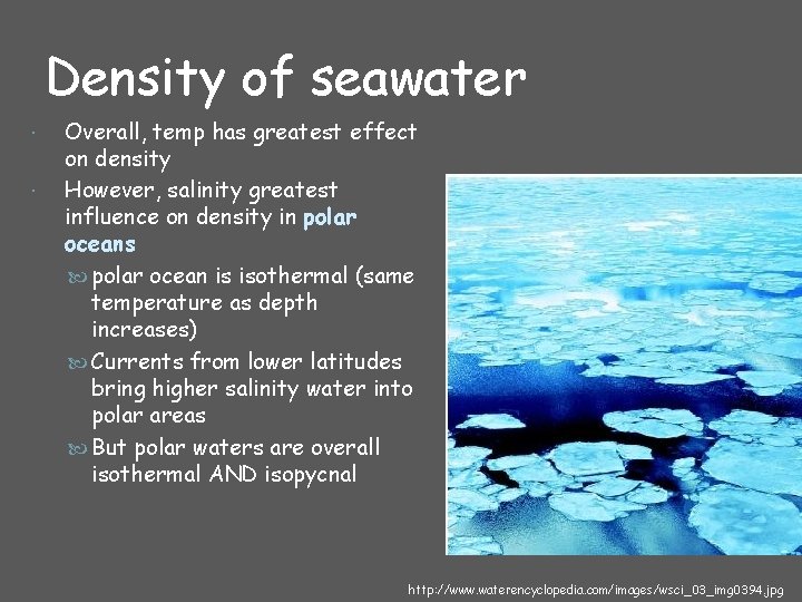 Density of seawater Overall, temp has greatest effect on density However, salinity greatest influence