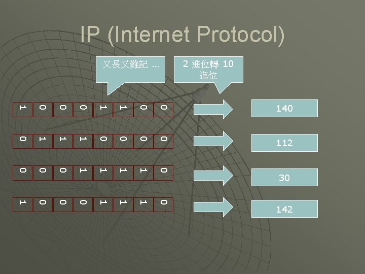 IP (Internet Protocol) 又長又難記 … 2 進位轉 10 進位 1 0 0 0 1