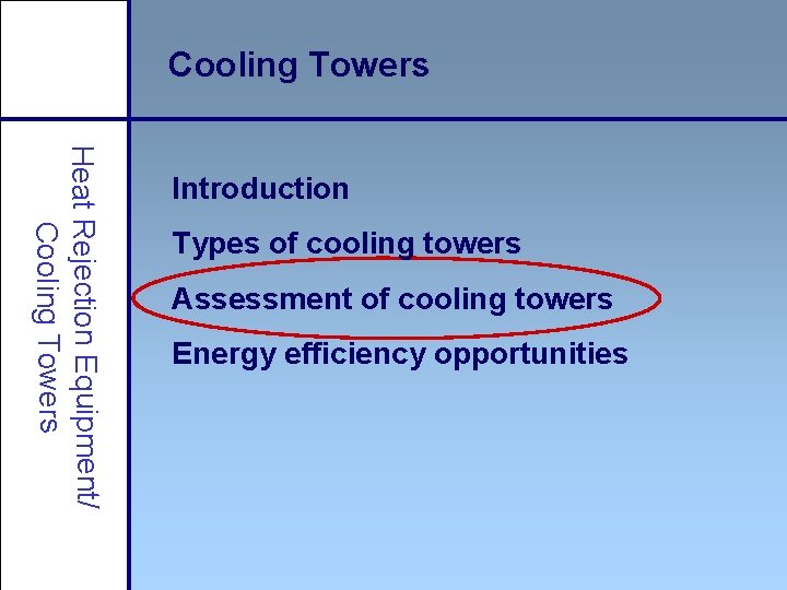 Cooling Towers Heat Rejection Equipment/ Cooling Towers Introduction Types of cooling towers Assessment of