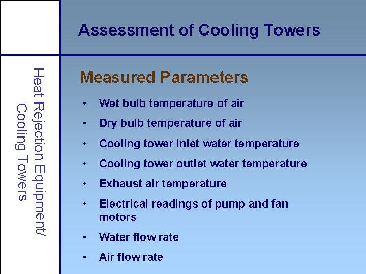 Assessment of Cooling Towers Heat Rejection Equipment/ Cooling Towers Measured Parameters • Wet bulb