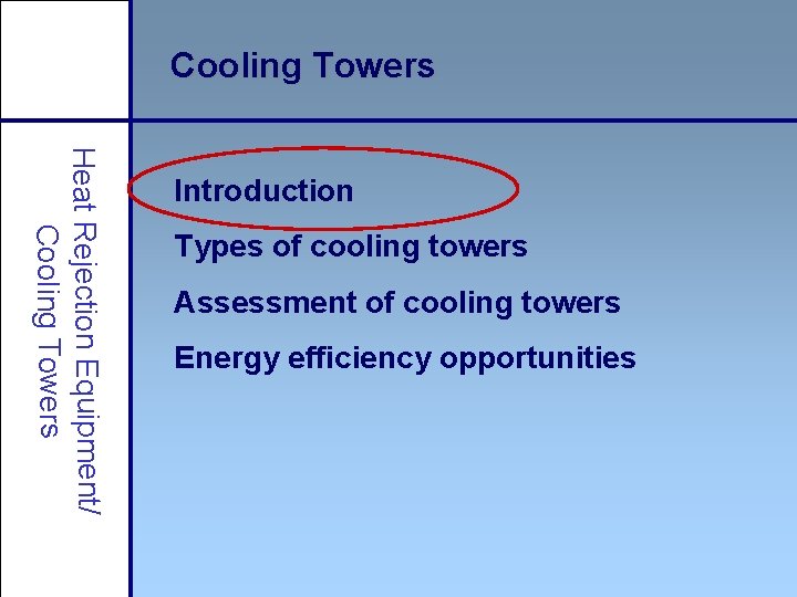 Cooling Towers Heat Rejection Equipment/ Cooling Towers Introduction Types of cooling towers Assessment of