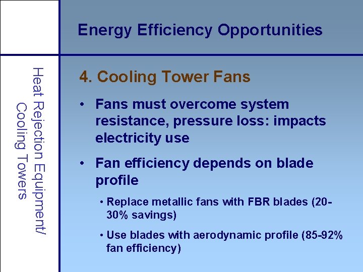 Energy Efficiency Opportunities Heat Rejection Equipment/ Cooling Towers 4. Cooling Tower Fans • Fans