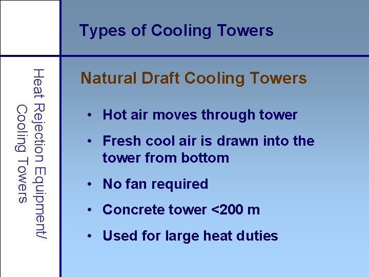 Types of Cooling Towers Heat Rejection Equipment/ Cooling Towers Natural Draft Cooling Towers •