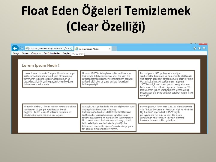 Float Eden Öğeleri Temizlemek (Clear Özelliği) 