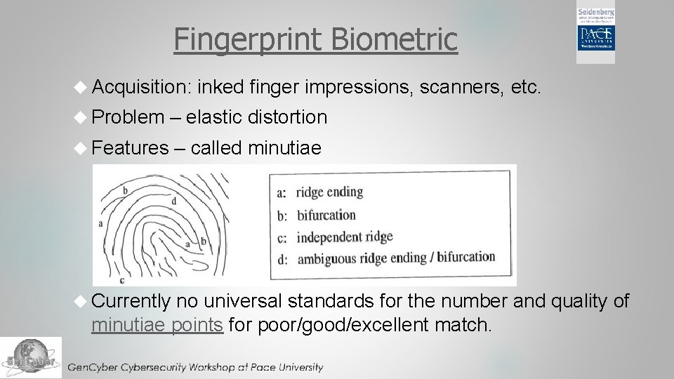 Fingerprint Biometric Acquisition: inked finger impressions, scanners, etc. Problem – elastic distortion Features – Fingerprint Biometric Acquisition: inked finger impressions, scanners, etc. Problem – elastic distortion Features –