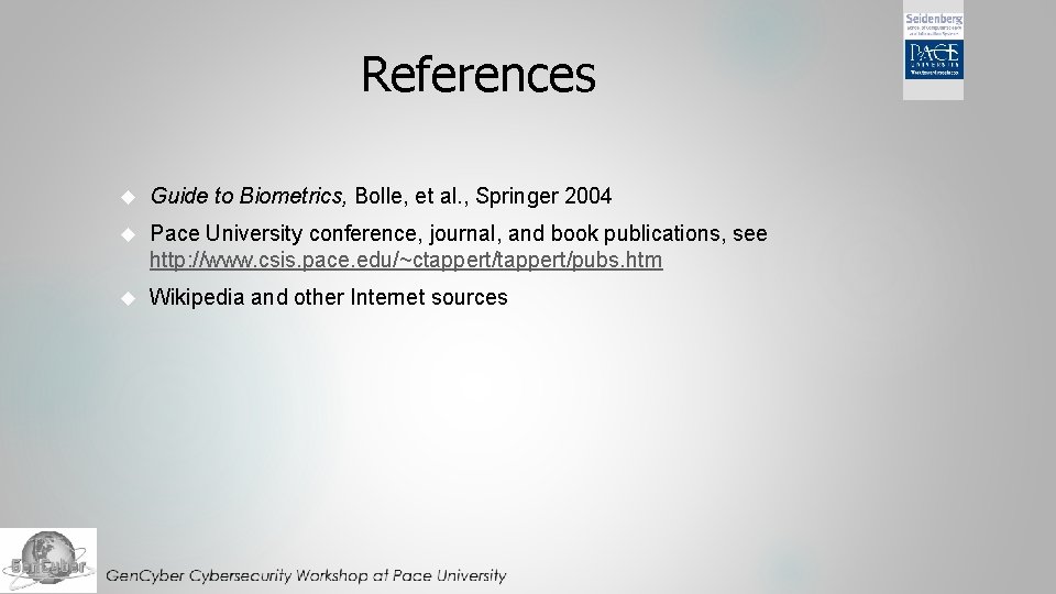 References Guide to Biometrics, Bolle, et al. , Springer 2004 Pace University conference, journal, References Guide to Biometrics, Bolle, et al. , Springer 2004 Pace University conference, journal,