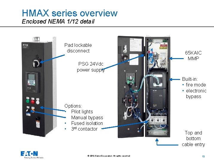 HMAX series overview Enclosed NEMA 1/12 detail Pad lockable disconnect 65 KAIC MMP PSG