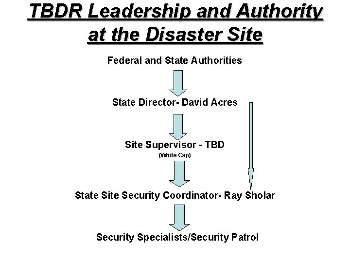 TBDR Leadership and Authority at the Disaster Site Federal and State Authorities State Director-