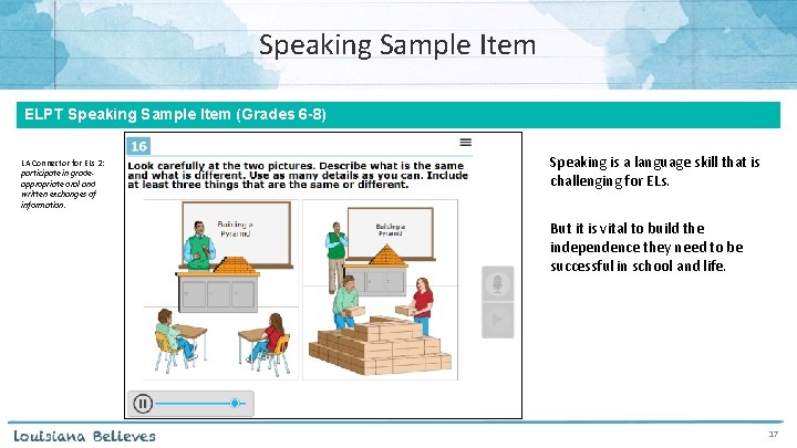 Speaking Sample Item ELPT Speaking Sample Item (Grades 6 -8) LA Connector for ELs