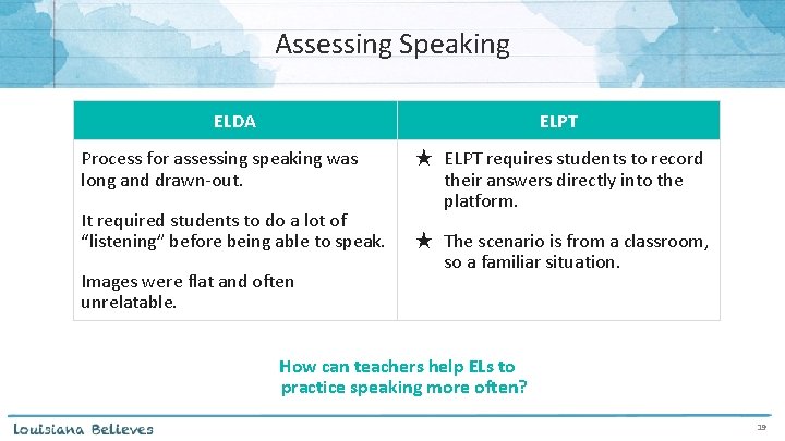 Assessing Speaking ELDA ELPT Process for assessing speaking was long and drawn-out. It required